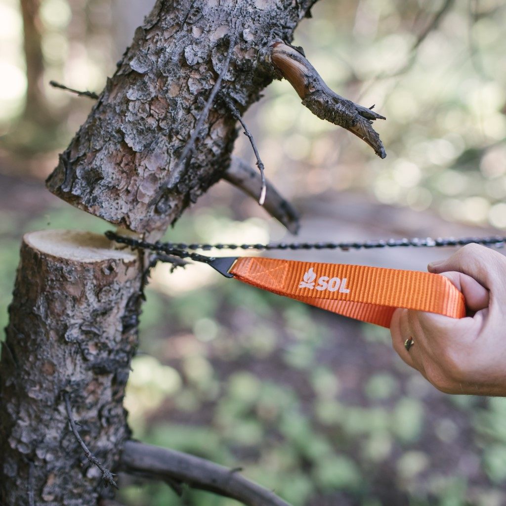 Pocket chainsaw cutting a small tree